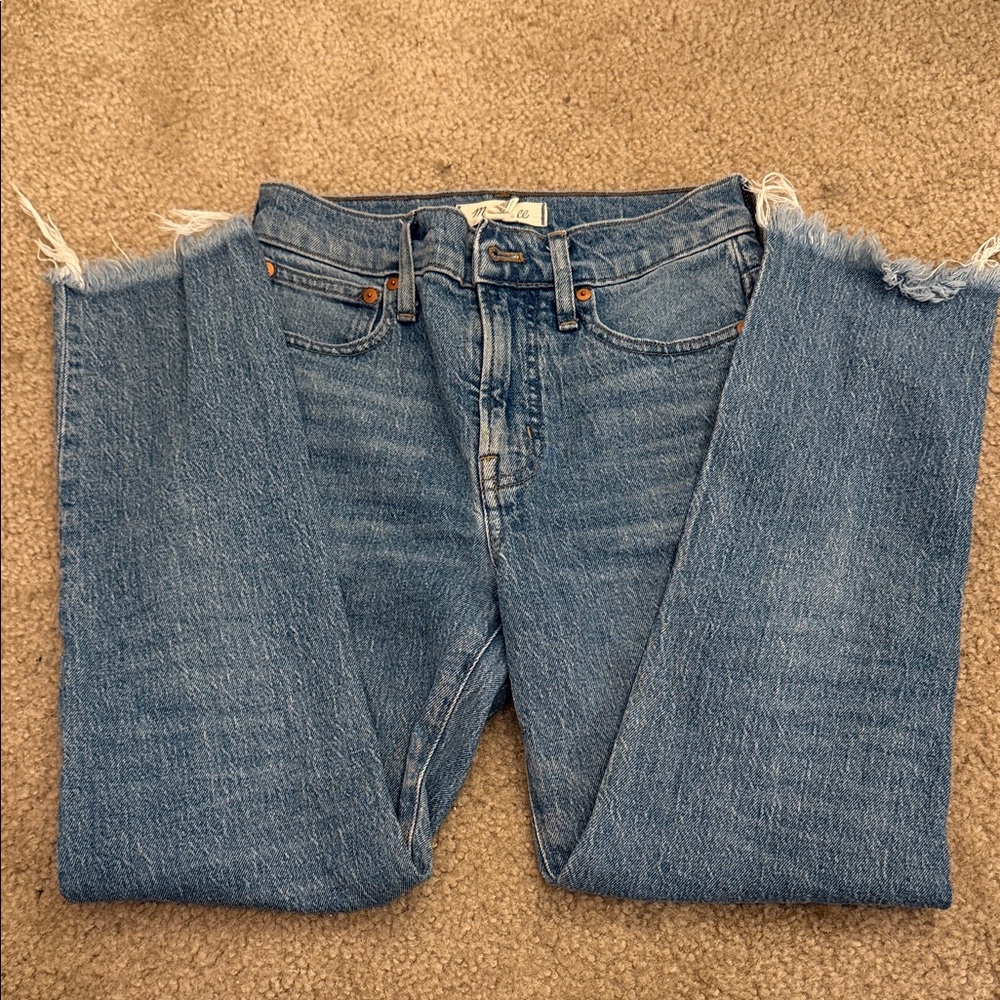 Madewell Medium Blue Frayed Hem Straight Leg Jeans